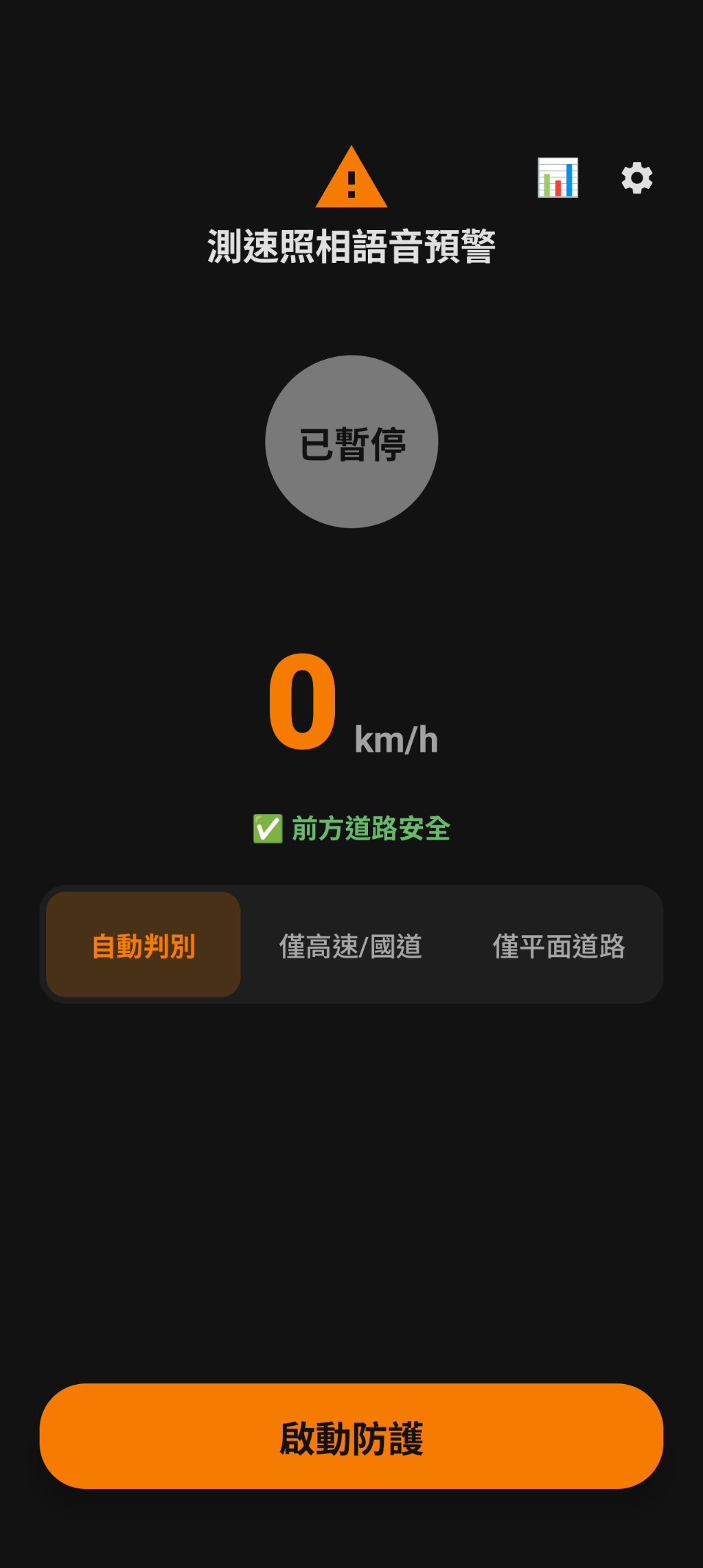 Speed Camera OUT! main screen: dark dashboard style with a large speed readout and road mode switcher